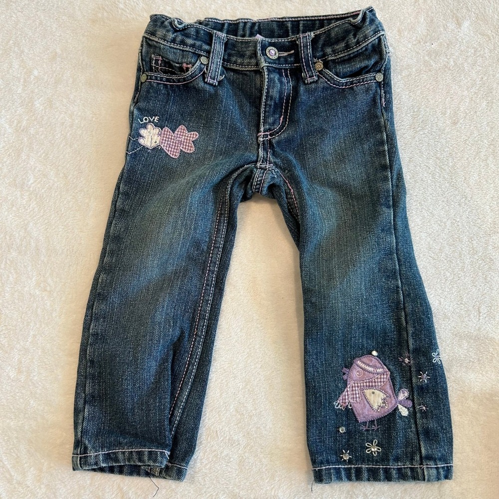 Pumpkin Patch Girls Blue Denim Jeans Purple Bird Heart Embroidery Pink Stitching